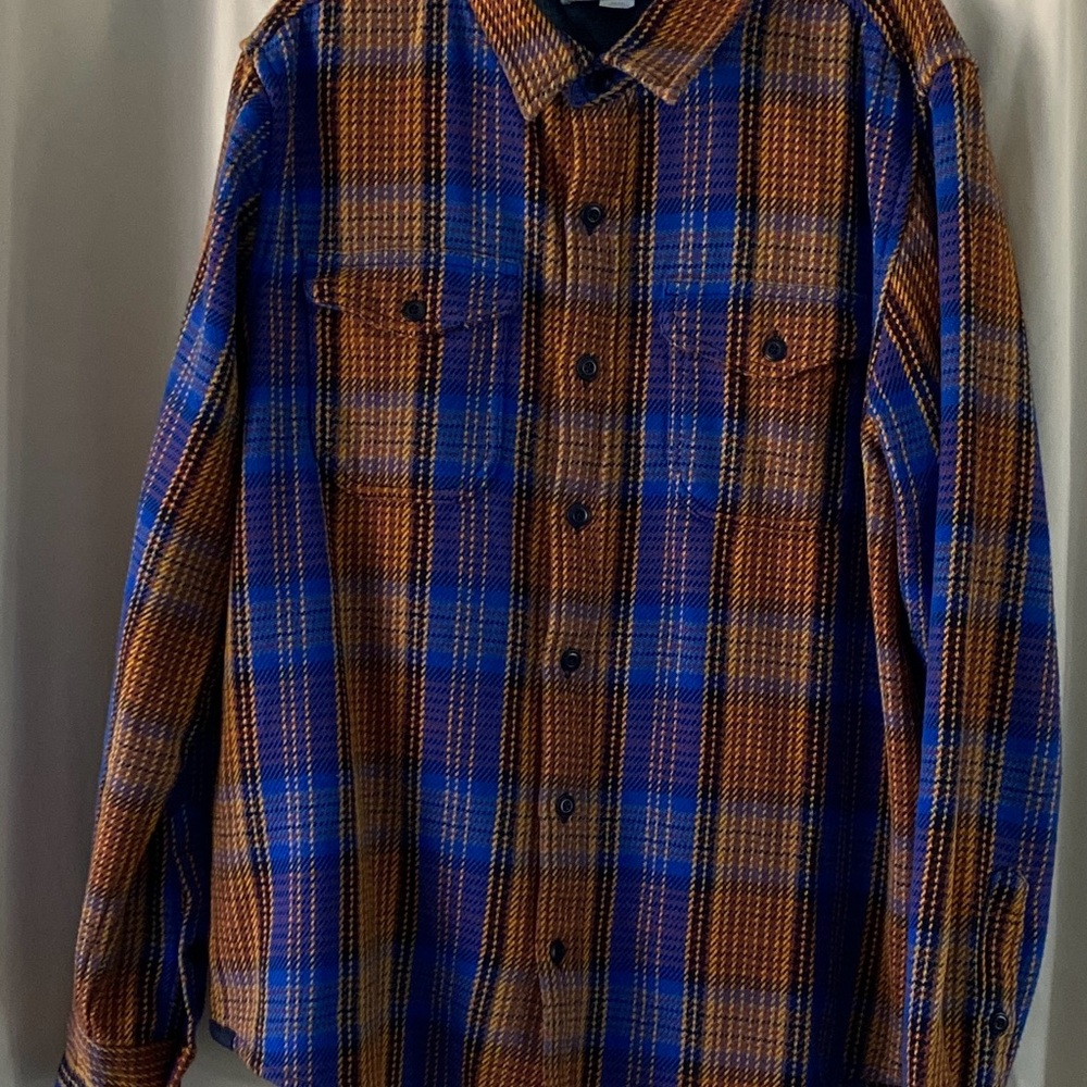 OUTERKNOWN Mens M Flannel Blue/Brown Plaid Blanket Shirt Button Up Heavy Shacket
